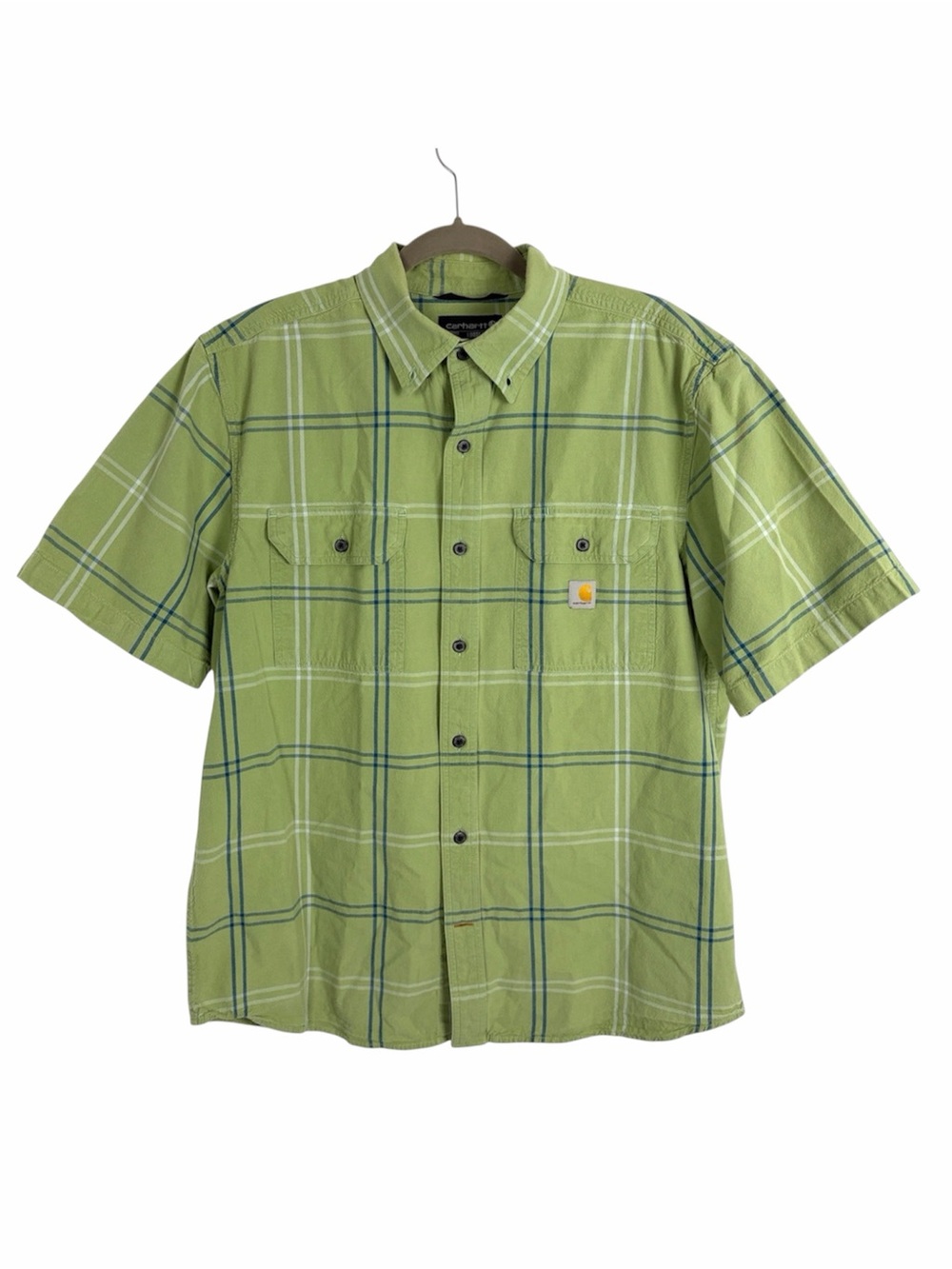 Carhartt Loose Fit Plaid Button Front Work Shirt Green Short Sleeve Men’s Large
